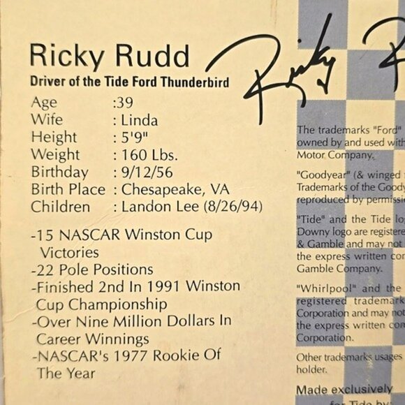 Vintage 1996 Nascar 1:64 Die Cast Racecar Tide Ricky Rudd Car Racing Champions - Picture 14 of 15